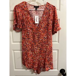 Jessica Simpson Romper Women's Size Small Orange‎ Floral Print Flutter Sleeve